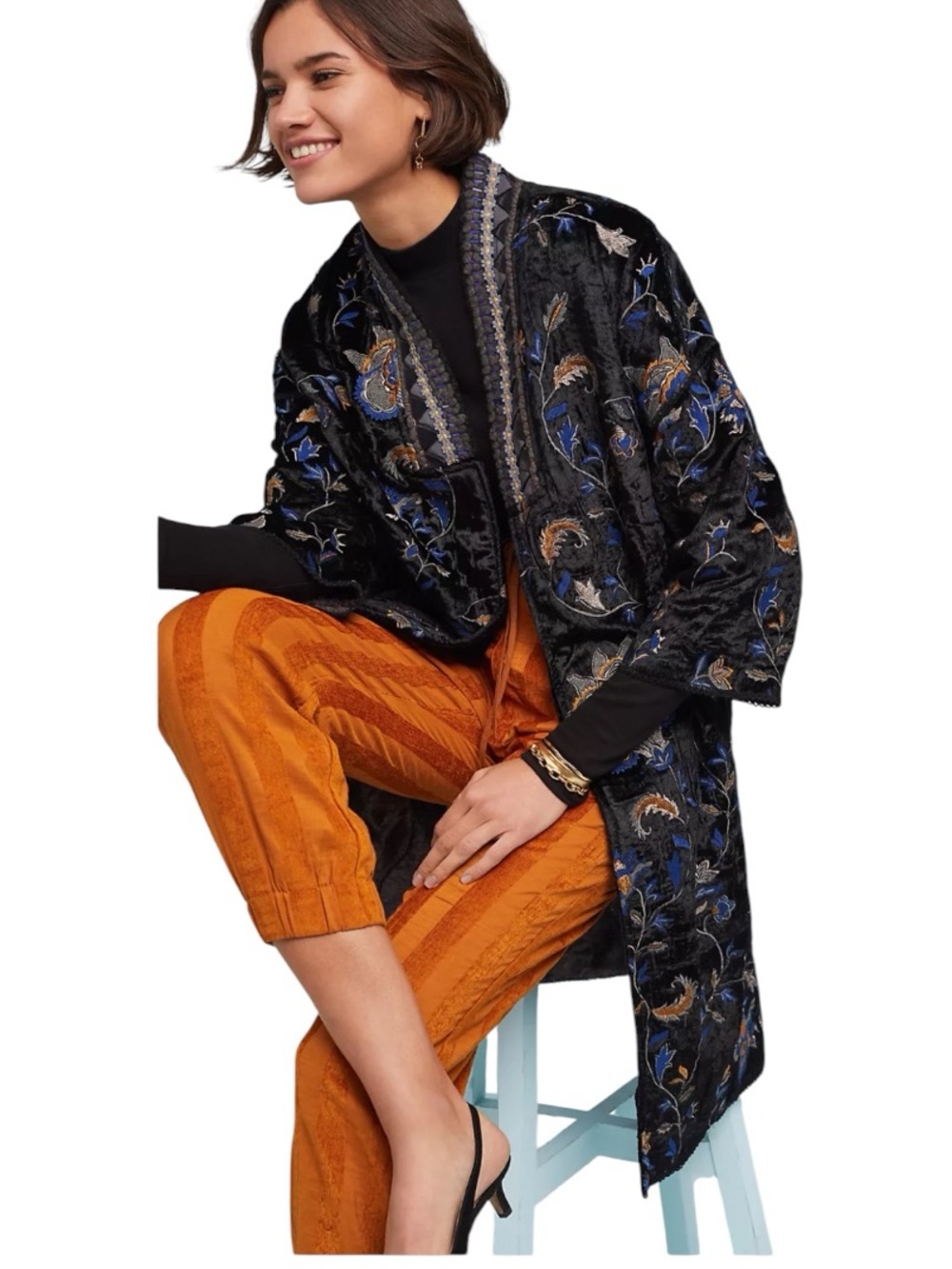 Anthropologie BL-NK London Roxanne Velvet Embroidered Floral Duster Jacket M
